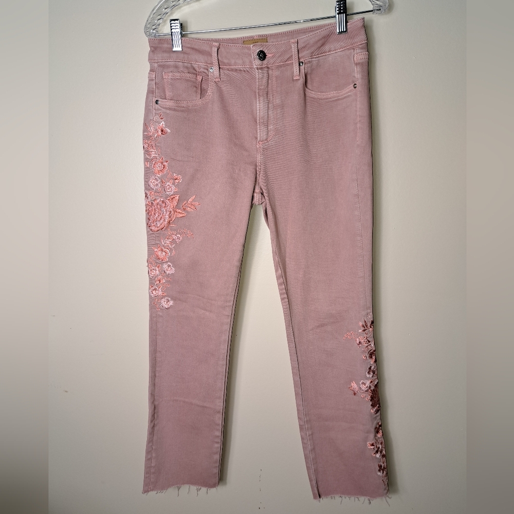 DRIFTWOOD Womens 28 Colette Pink Cropped Jeans Embroidered Floral Raw Hem